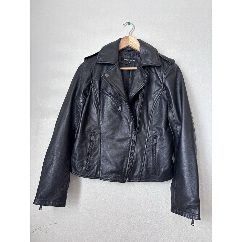 Wilsons Womens Black Leather Jacket Zip Princess Seams Size small